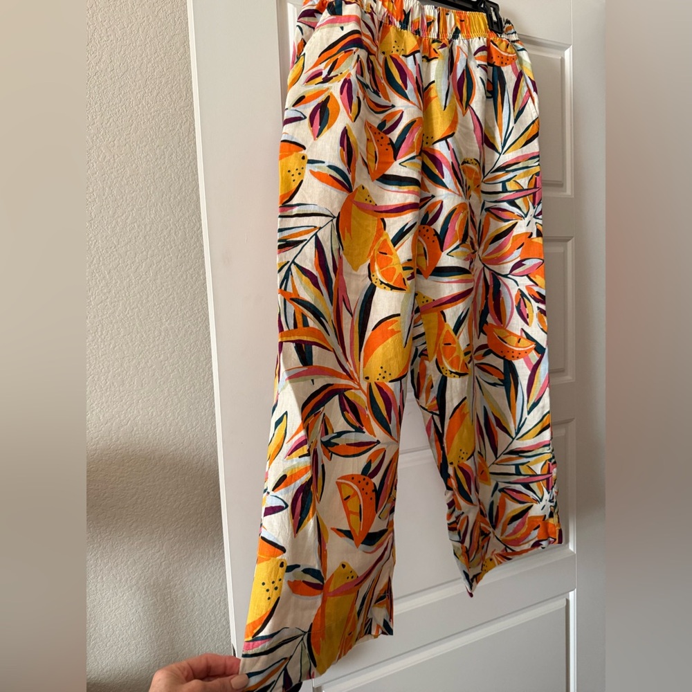 C&C California Vibrant Linen Leaf Print Wide Leg Pants